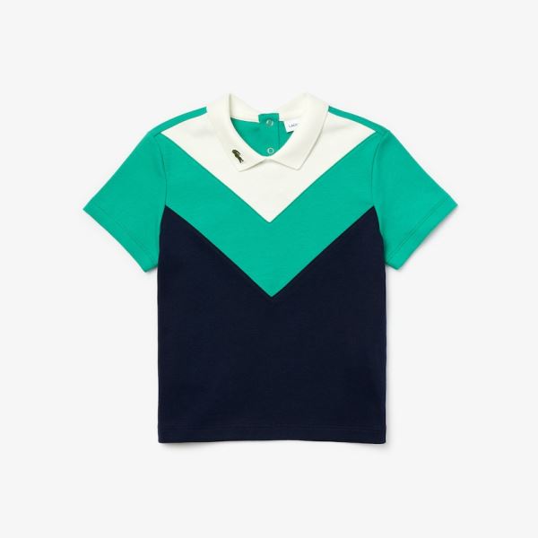 Lacoste Reverse Collar Colorblock Cotton Polo Shirt - Polo Dětské Bílé / Zelene / Tmavě Blankyt Blan